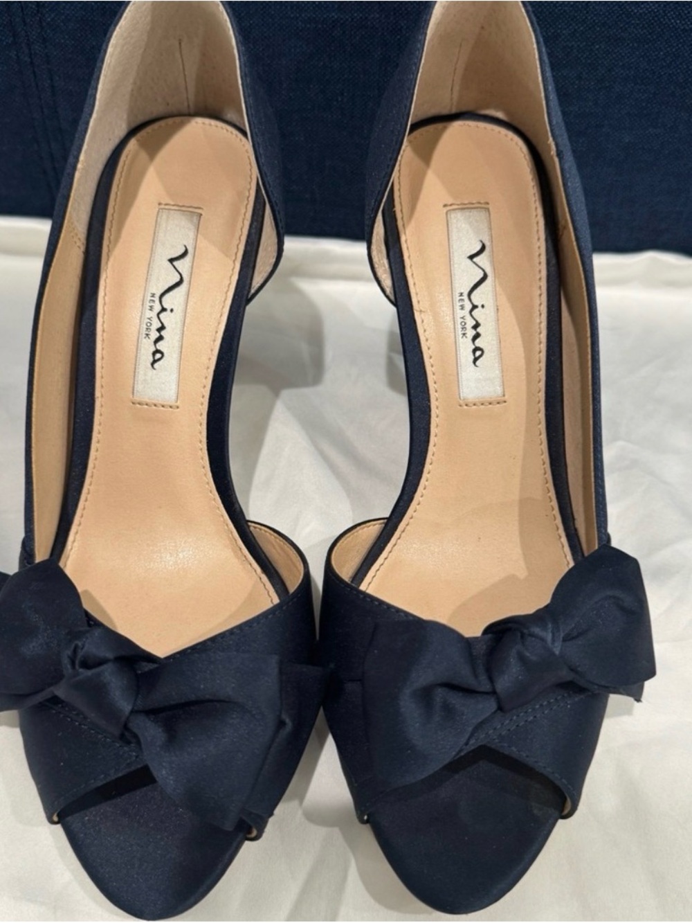 Nina Navy Satin Bow Peep-Toe Heels - Nina (Comes in original box)